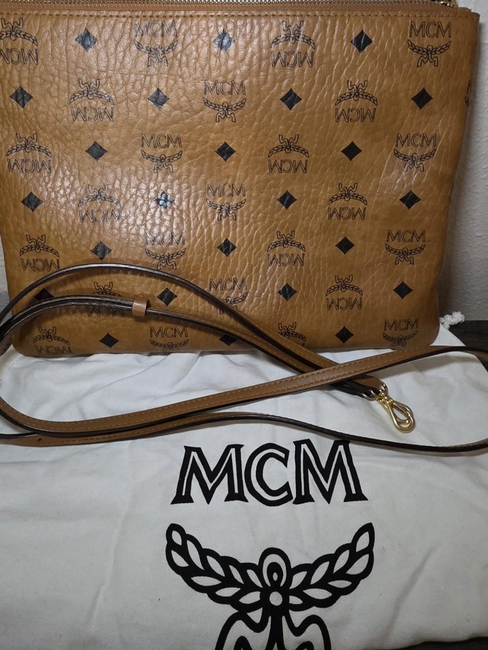 MCM Cognac Visetos Monogram Crossbody Bag with Gold Hardware